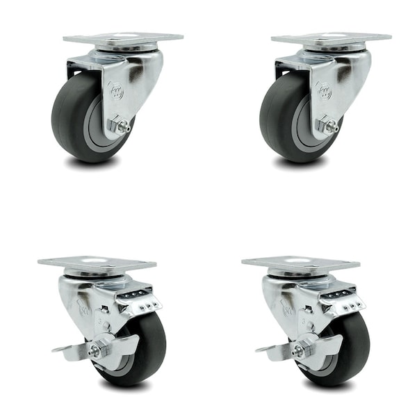 3.5 Inch Thermoplastic Rubber Wheel Swivel Top Plate Caster Set with 2 Brake SCC